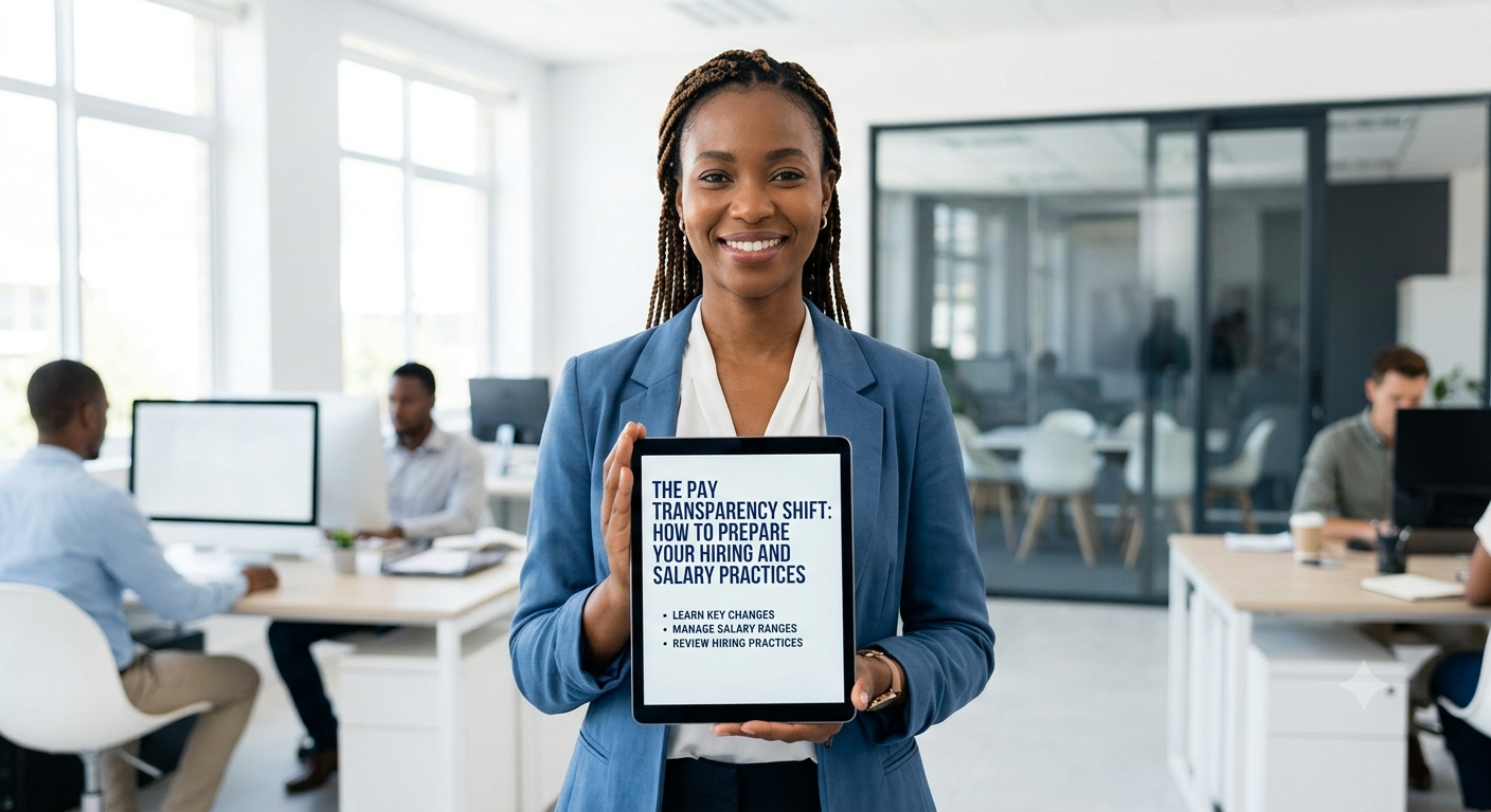 Smiling businesswoman in office holding tablet displaying pay transparency shift hiring and salary practices.