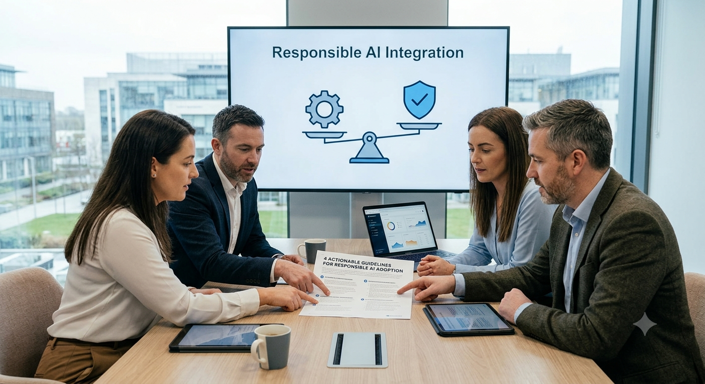 Team meeting around table, reviewing responsible AI integration guidelines displayed on large screen.