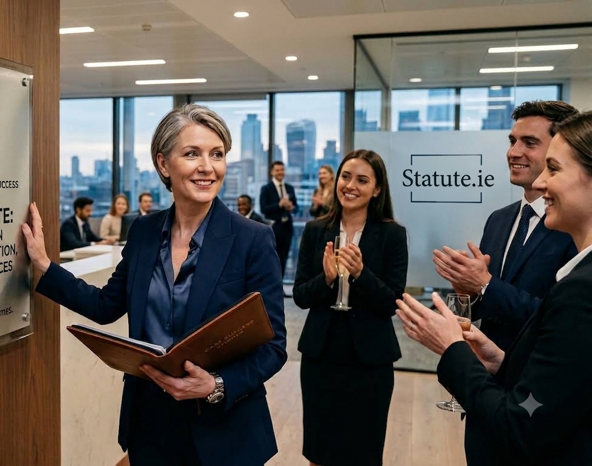 Businesswoman holding a folder beside colleagues applauding in a modern office with city skyline windows.